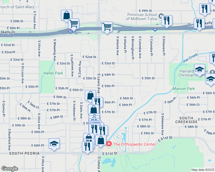 map of restaurants, bars, coffee shops, grocery stores, and more near 2411 East 55th Place in Tulsa