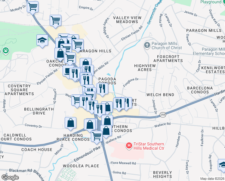 map of restaurants, bars, coffee shops, grocery stores, and more near 320 Welch Road in Nashville
