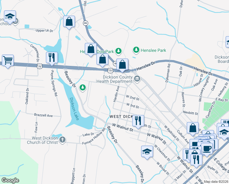 map of restaurants, bars, coffee shops, grocery stores, and more near 200 Hardin Avenue in Dickson