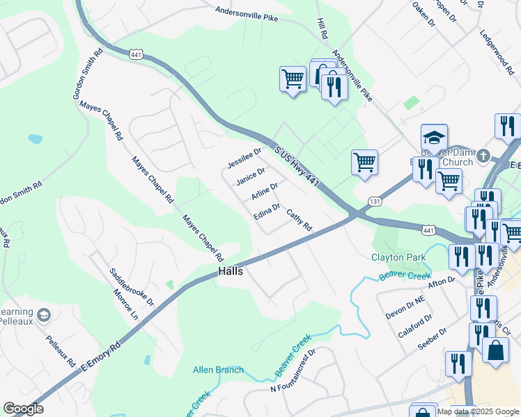 map of restaurants, bars, coffee shops, grocery stores, and more near 3912 Arline Drive in Knoxville