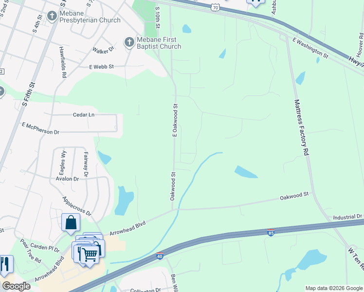 map of restaurants, bars, coffee shops, grocery stores, and more near 854 Pryor Street in Mebane