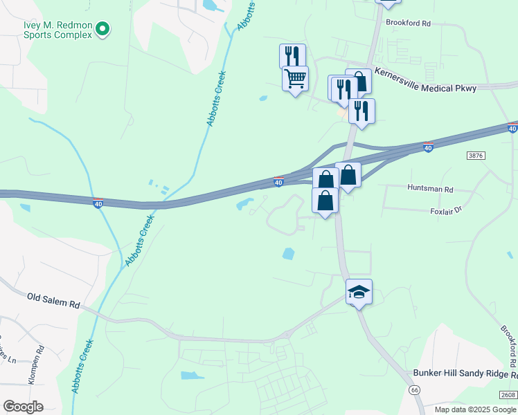map of restaurants, bars, coffee shops, grocery stores, and more near 4238 Abbotts Lake Court in Kernersville