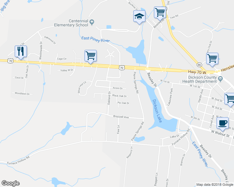 map of restaurants, bars, coffee shops, grocery stores, and more near 105 Black Oak Drive in Dickson