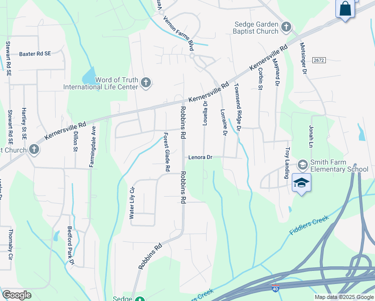 map of restaurants, bars, coffee shops, grocery stores, and more near 151 Robbins Road in Winston-Salem