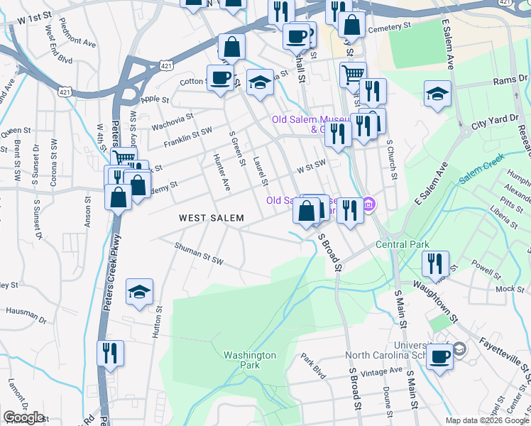 map of restaurants, bars, coffee shops, grocery stores, and more near 730 Laurel Street in Winston-Salem