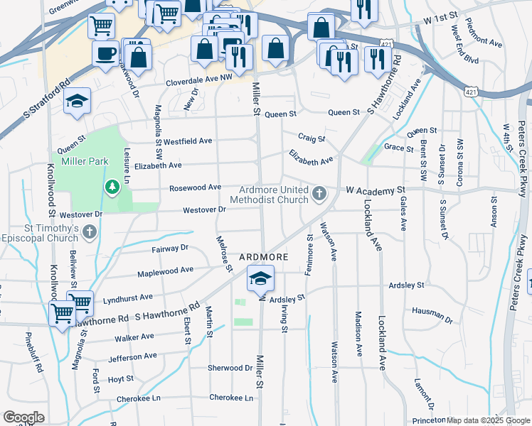 map of restaurants, bars, coffee shops, grocery stores, and more near 703 Miller Street in Winston-Salem