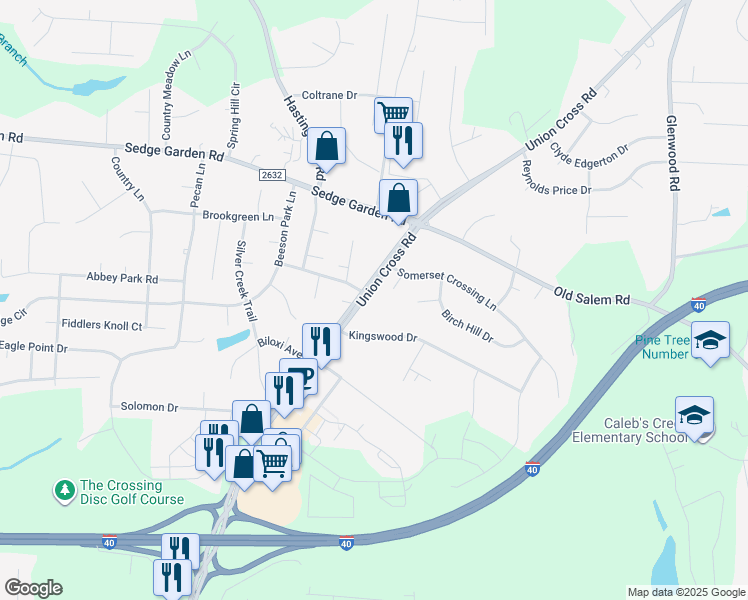 map of restaurants, bars, coffee shops, grocery stores, and more near 1423 Lambs Lane in Kernersville