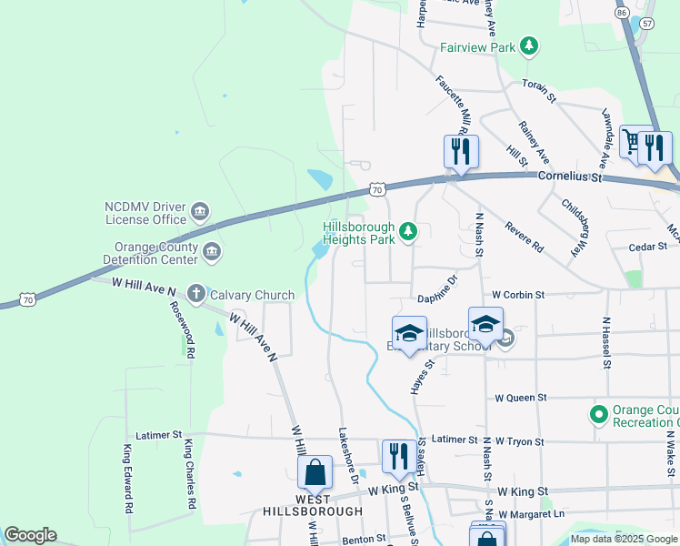 map of restaurants, bars, coffee shops, grocery stores, and more near 108 Coley Circle in Hillsborough