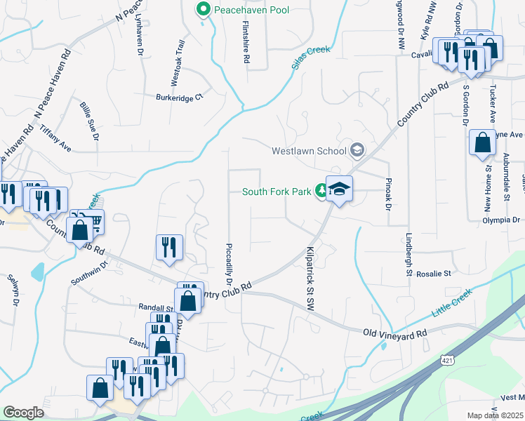 map of restaurants, bars, coffee shops, grocery stores, and more near 232 Tipperary Lane Northwest in Winston-Salem