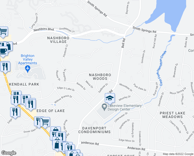map of restaurants, bars, coffee shops, grocery stores, and more near 2616 Somerset Drive in Nashville