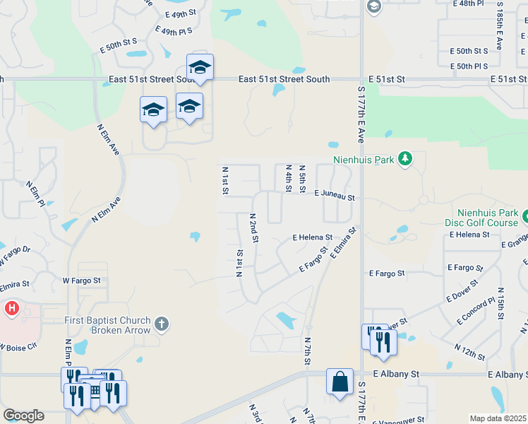 map of restaurants, bars, coffee shops, grocery stores, and more near 3226 North 2nd Place in Broken Arrow