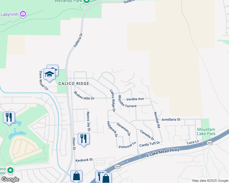 map of restaurants, bars, coffee shops, grocery stores, and more near 1127 Calico Ridge Drive in Henderson