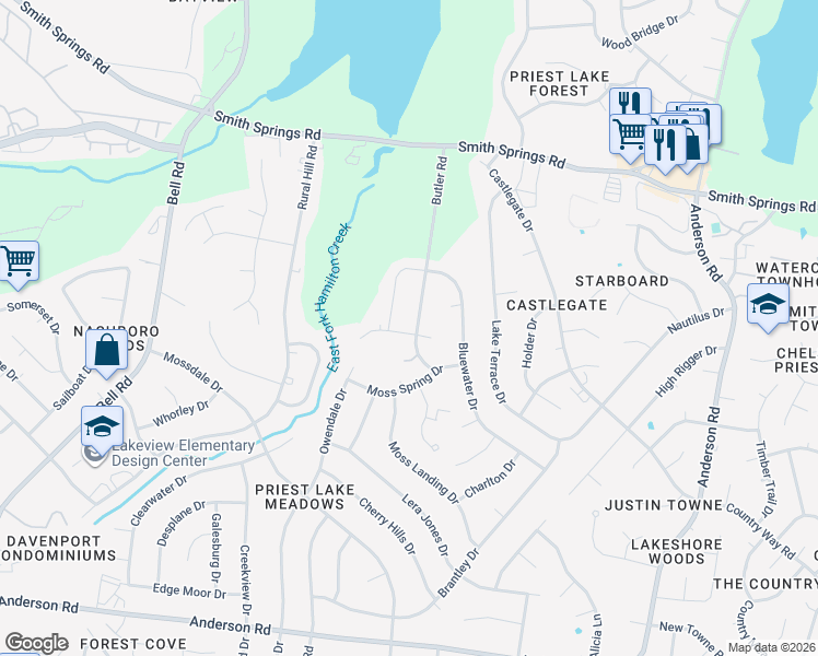 map of restaurants, bars, coffee shops, grocery stores, and more near 413 Bluewater Drive in Nashville