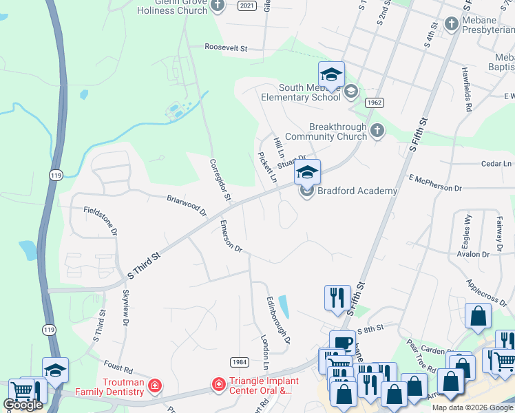 map of restaurants, bars, coffee shops, grocery stores, and more near 1031 South Third Street in Mebane