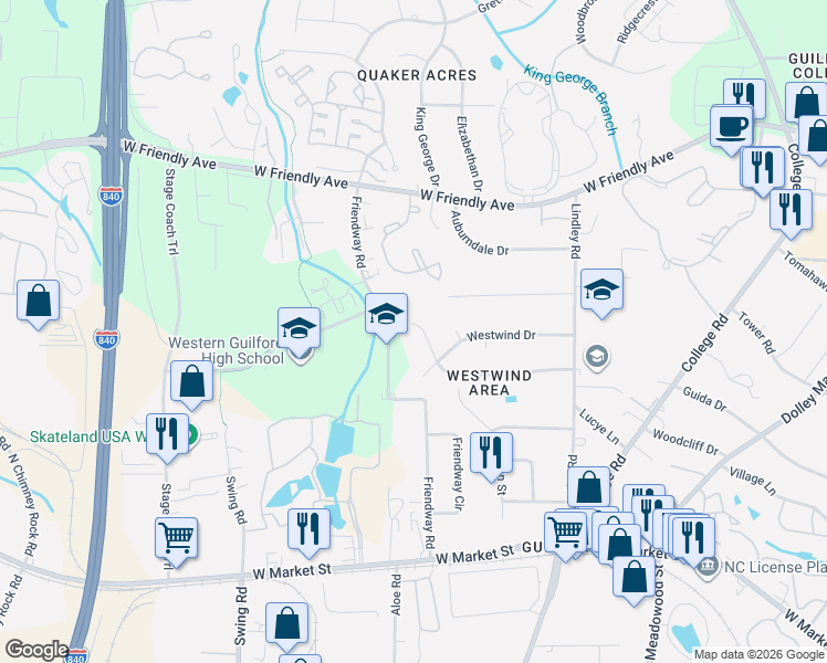 map of restaurants, bars, coffee shops, grocery stores, and more near 500 Friendway Road in Greensboro