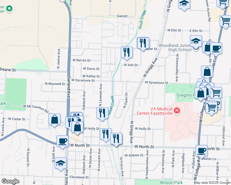 map of restaurants, bars, coffee shops, grocery stores, and more near 701 West Sycamore Street in Fayetteville