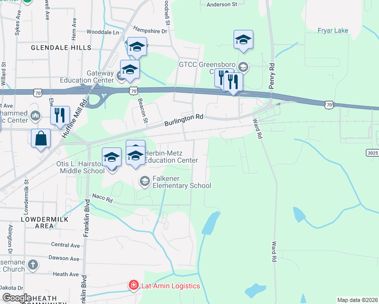 map of restaurants, bars, coffee shops, grocery stores, and more near 4218 Maybrook Drive in Greensboro