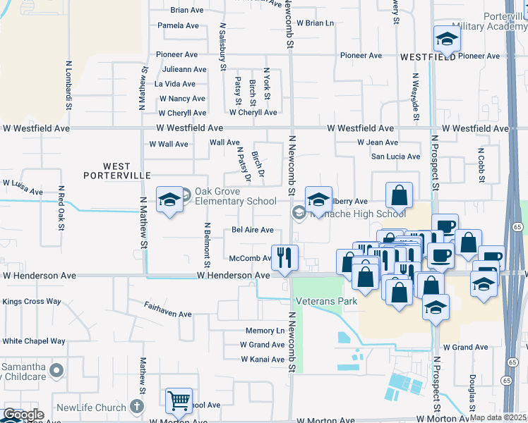 map of restaurants, bars, coffee shops, grocery stores, and more near 1670 West Terry Court in Porterville