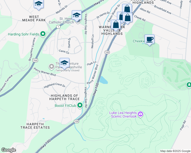 map of restaurants, bars, coffee shops, grocery stores, and more near 912 Percy Warner Boulevard in Nashville