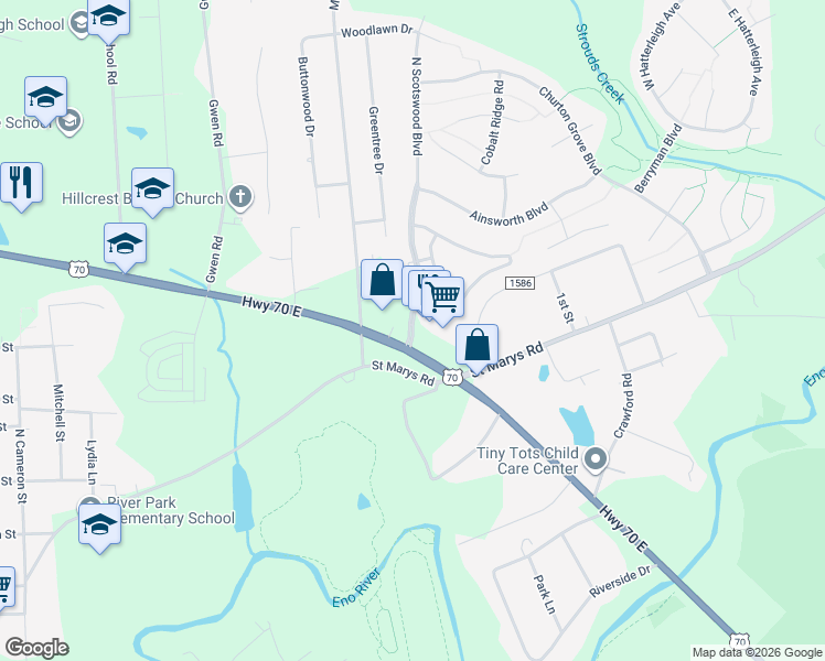 map of restaurants, bars, coffee shops, grocery stores, and more near 101 North Scotswood Boulevard in Hillsborough