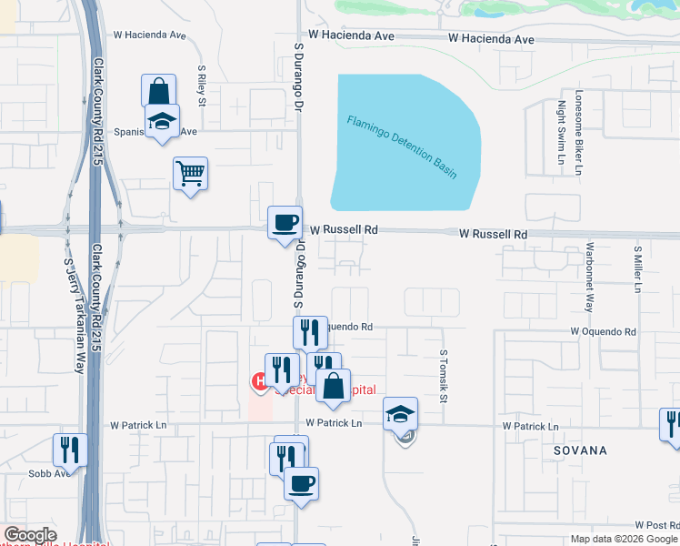 map of restaurants, bars, coffee shops, grocery stores, and more near 8555 West Russell Road in Las Vegas