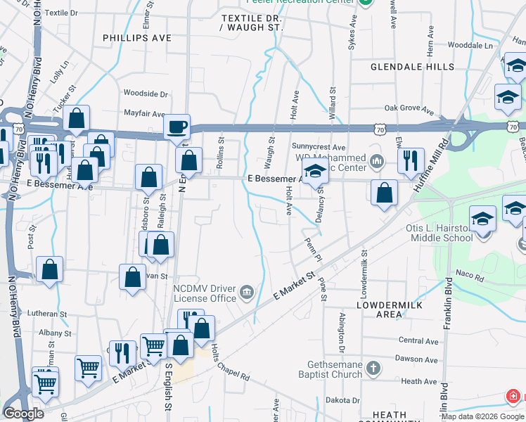 map of restaurants, bars, coffee shops, grocery stores, and more near 3301 Beck Street in Greensboro