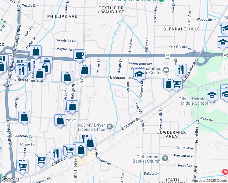 map of restaurants, bars, coffee shops, grocery stores, and more near 3301 Beck Street in Greensboro