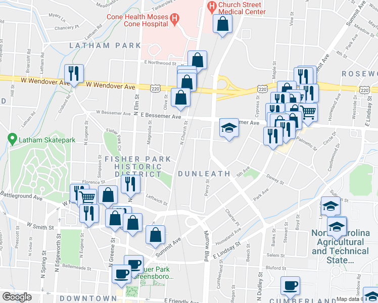 map of restaurants, bars, coffee shops, grocery stores, and more near 765 Chestnut Street in Greensboro