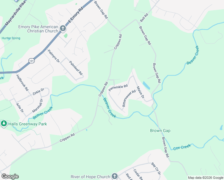 map of restaurants, bars, coffee shops, grocery stores, and more near 7163 Periwinkle Road in Knoxville
