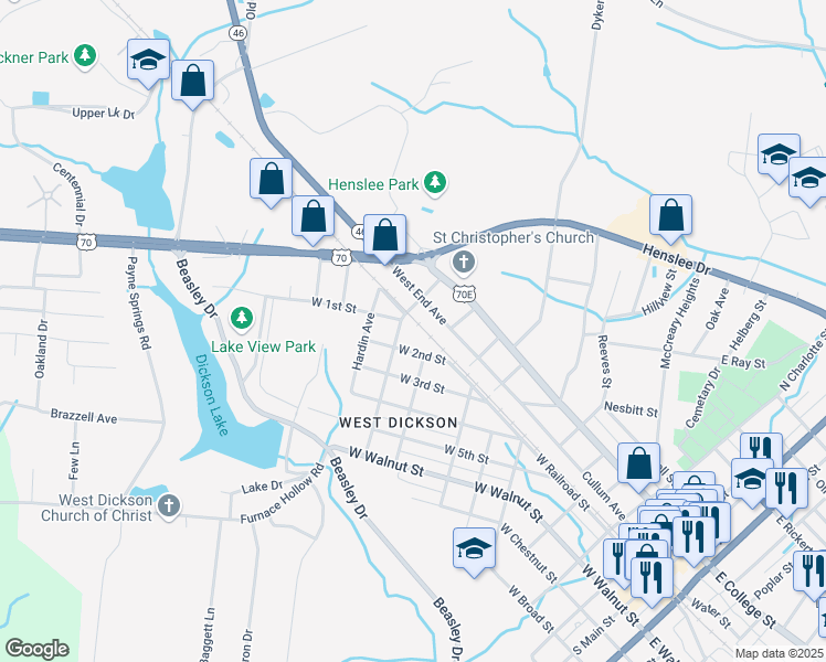 map of restaurants, bars, coffee shops, grocery stores, and more near 902 West 1st Street in Dickson