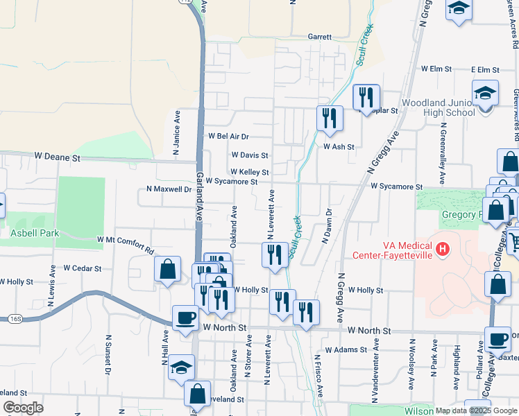map of restaurants, bars, coffee shops, grocery stores, and more near 1603 North Leverett Avenue in Fayetteville