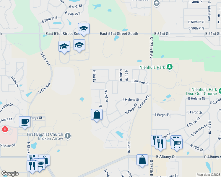 map of restaurants, bars, coffee shops, grocery stores, and more near 3226 North 2nd Place in Broken Arrow