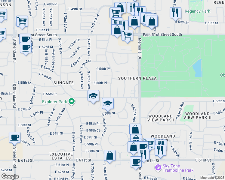 map of restaurants, bars, coffee shops, grocery stores, and more near 5535 South 76th East Avenue in Tulsa