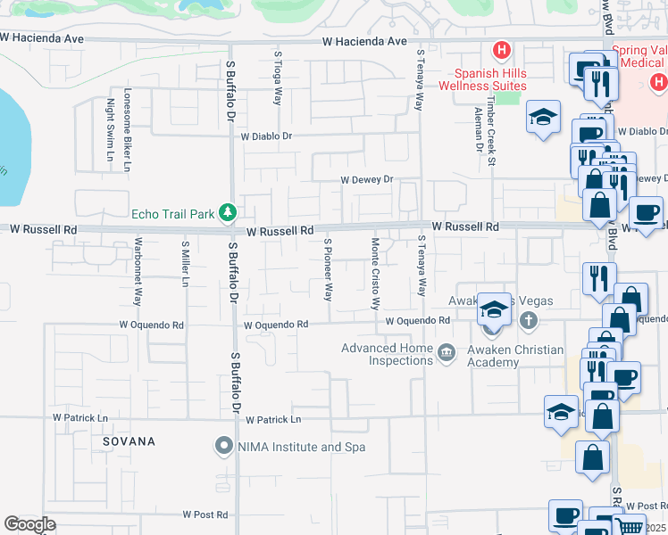 map of restaurants, bars, coffee shops, grocery stores, and more near 5782 South Pioneer Way in Las Vegas