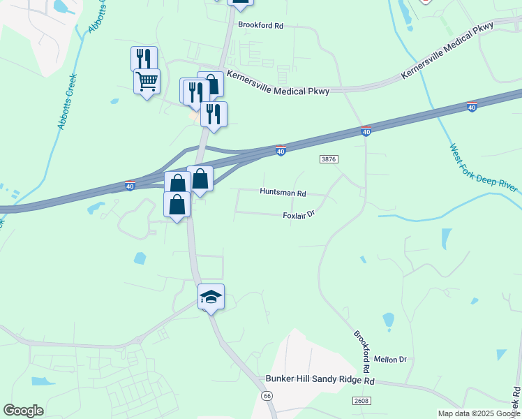 map of restaurants, bars, coffee shops, grocery stores, and more near 9017 Foxlair Drive in Kernersville