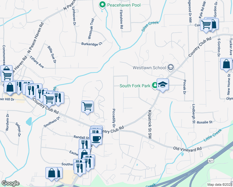 map of restaurants, bars, coffee shops, grocery stores, and more near 241 Piccadilly Drive in Winston-Salem