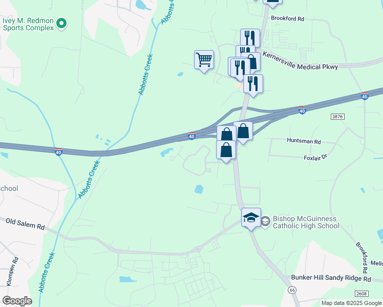 map of restaurants, bars, coffee shops, grocery stores, and more near 1000 Abbotts Creek Circle in Kernersville