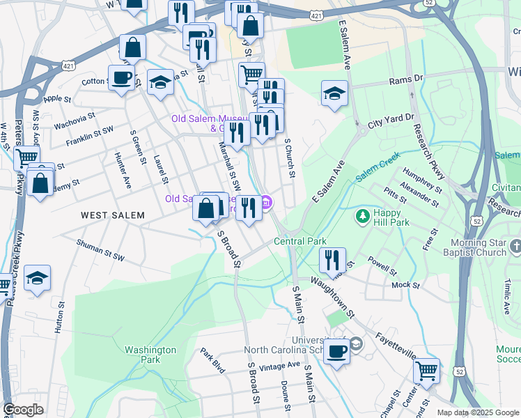 map of restaurants, bars, coffee shops, grocery stores, and more near 900 Old Salem Road in Winston-Salem