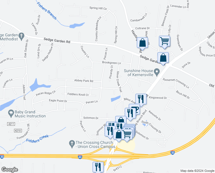 map of restaurants, bars, coffee shops, grocery stores, and more near 1860 Beeson Park Lane in Kernersville