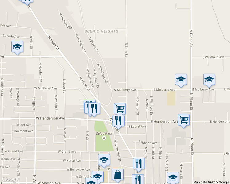 map of restaurants, bars, coffee shops, grocery stores, and more near 121 West Mulberry Avenue in Porterville