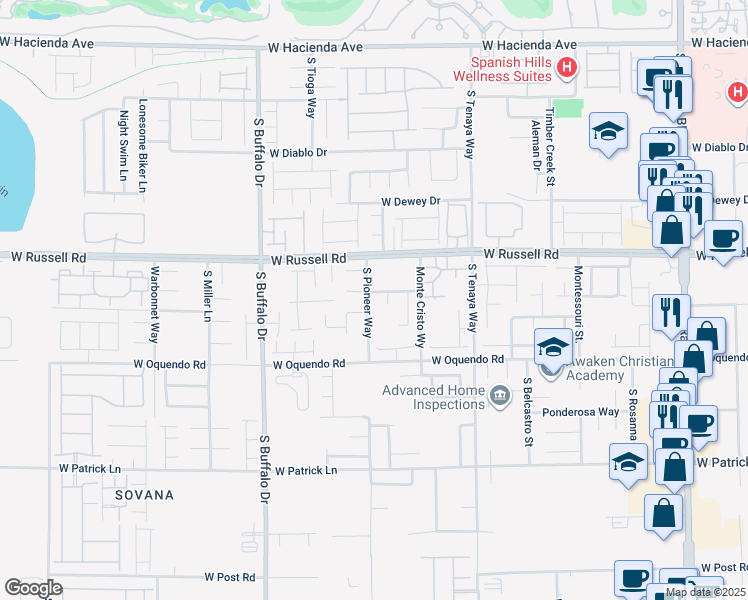 map of restaurants, bars, coffee shops, grocery stores, and more near 5782 South Pioneer Way in Las Vegas