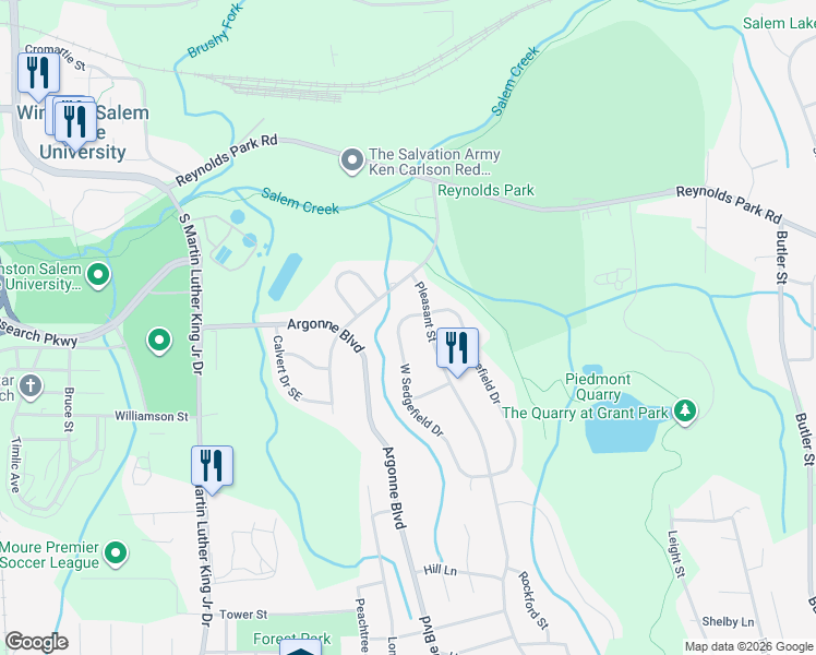 map of restaurants, bars, coffee shops, grocery stores, and more near 1214 West Sedgefield Drive in Winston-Salem