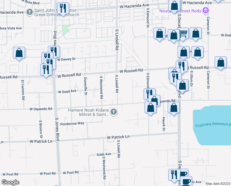 map of restaurants, bars, coffee shops, grocery stores, and more near Lindell Road in Spring Valley