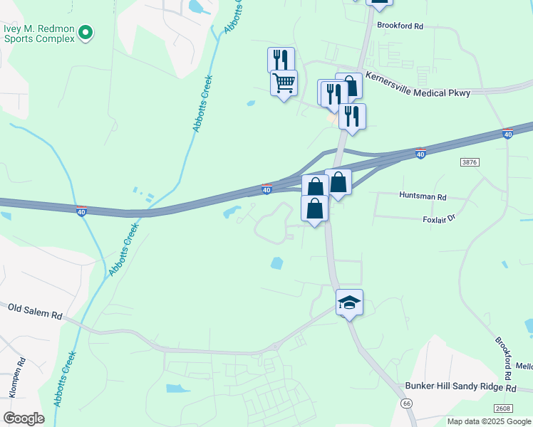 map of restaurants, bars, coffee shops, grocery stores, and more near 4238 Abbotts Lake Court in Kernersville