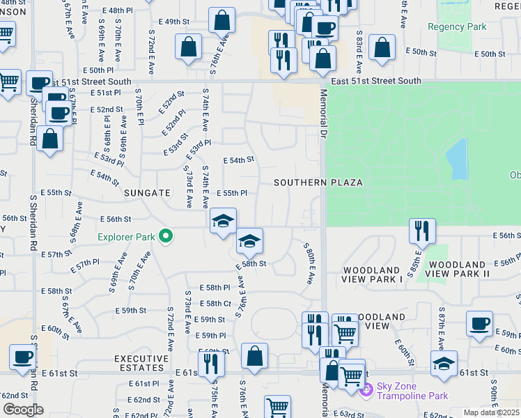 map of restaurants, bars, coffee shops, grocery stores, and more near 5535 South 76th East Avenue in Tulsa