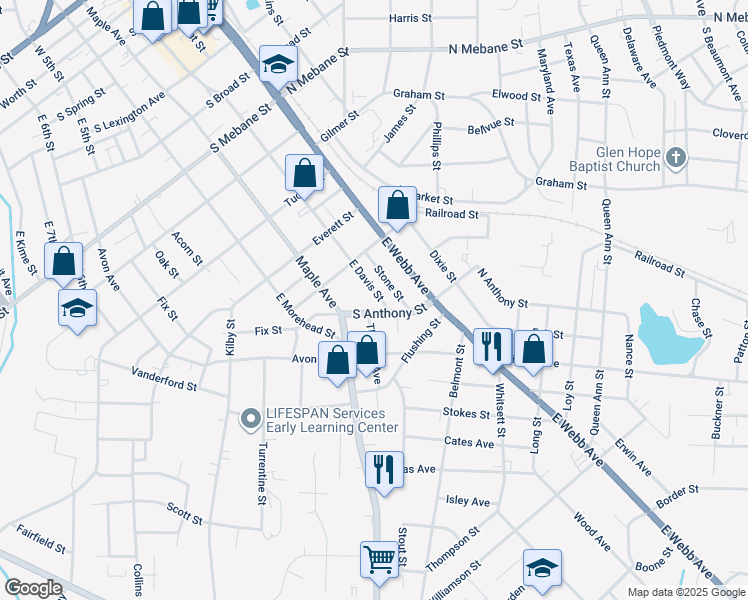map of restaurants, bars, coffee shops, grocery stores, and more near 925 East Davis Street in Burlington