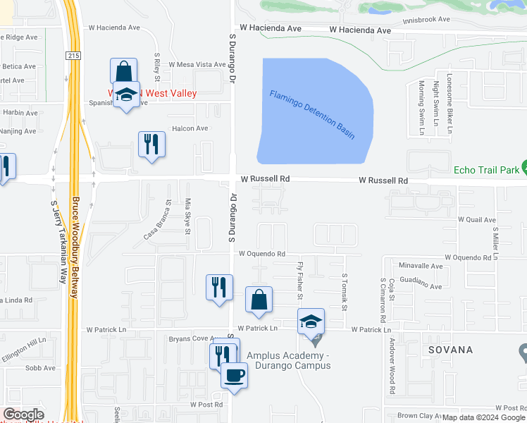 map of restaurants, bars, coffee shops, grocery stores, and more near 8555 West Russell Road in Las Vegas