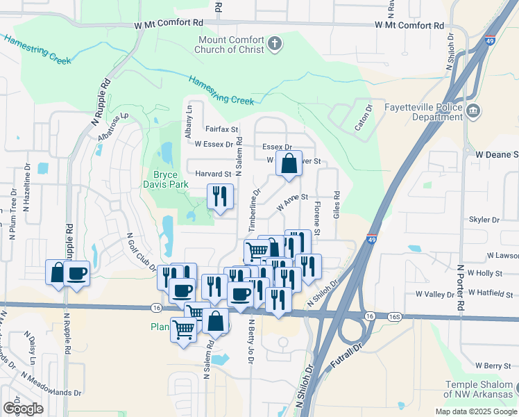 map of restaurants, bars, coffee shops, grocery stores, and more near 1607 Timberline Drive in Fayetteville