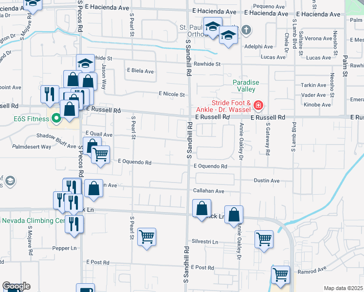 map of restaurants, bars, coffee shops, grocery stores, and more near 5795 South Sandhill Road in Las Vegas