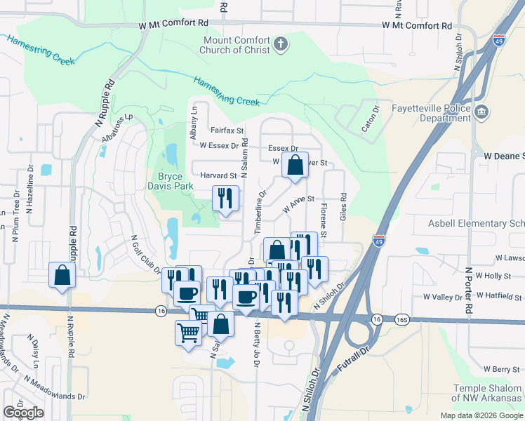 map of restaurants, bars, coffee shops, grocery stores, and more near 1607 Timberline Drive in Fayetteville